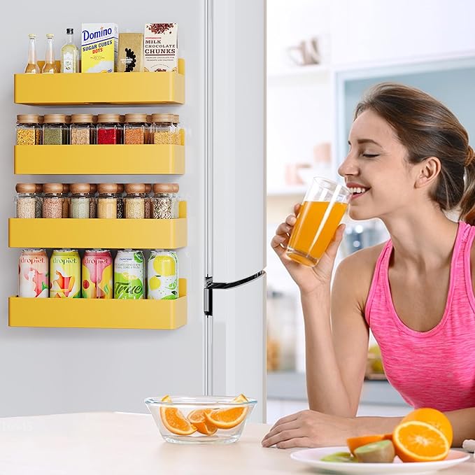 Magnetic Spice Rack for Refrigerator, Kitchen Organizer and Storage Shelf, Yellow(4 Pack)…