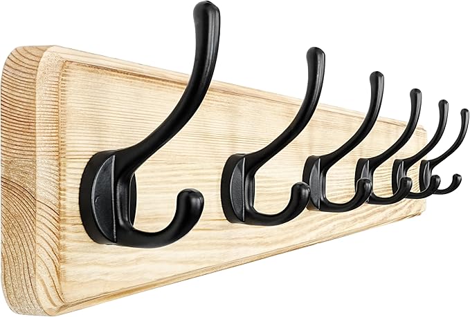 Dseap Coat Rack Wall: 24" Long, Patented, Heavy-Duty, 6-Double-Hooks Wooden Wall Mounted Coat Rack Coat Hanger Hook Rail for Winter Coats Hat Jacket Clothing, Light Brown
