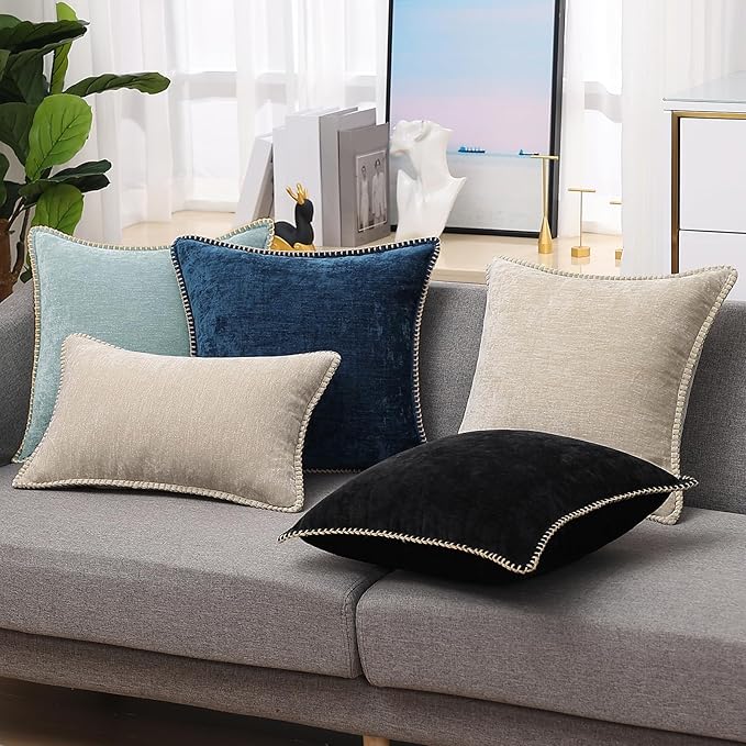 decorUhome Chenille Soft Throw Pillow Covers 24x24 Set of 2, Farmhouse Velvet Neutral Decorative Euro Pillow Covers with Stitched Edge for Couch Sofa Bed Home Decor, Black