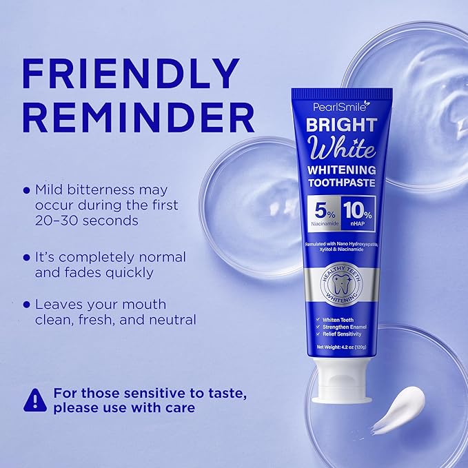 PearlSmile Niacinamide Hydroxyapatite Whitening Toothpaste – 10% Nano Hydroxyapatite + 5% Niacinamide – Strengthens Enamel, Remineralizes, Brightens Teeth – Fluoride-Free, Travel Size, 4.2oz (120g)