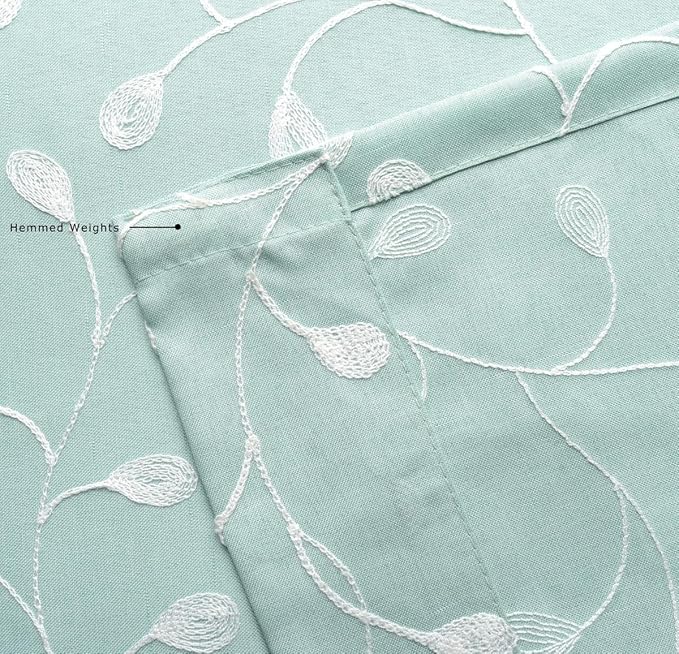 MIUCO Floral Embroidery Semi Sheer Curtains Faux Linen Grommet Panels for Living Room 52 x 84 Inch 2 Panels Set, Subtle Green