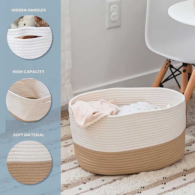 OrganiHaus Woven Storage Baskets for Organizing, Cotton Rope Organizer Bins for Shelves, Closet & Nursery, Dog Toy Basket, Decorative Bins for Toys, Towels & Books - 15x10x9, Honey/Off-White