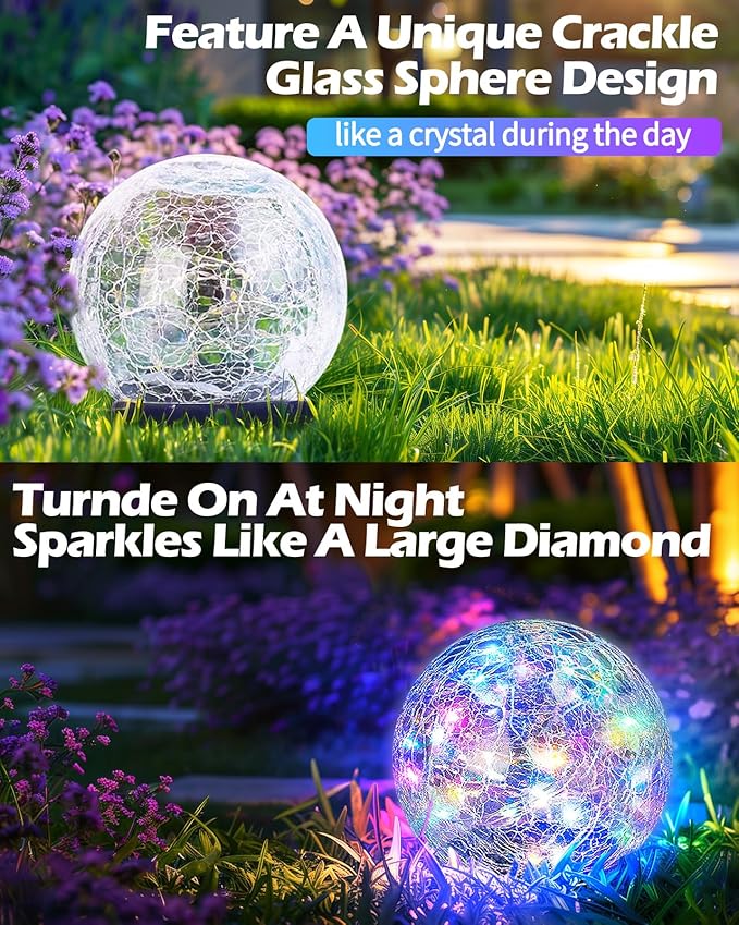 Garden Solar Ball Lights Outdoor Waterproof, 50 LED Cracked Glass Globe Solar Power Ground Lights for Path Yard Patio Lawn, Outdoor Decoration Landscape Colorful(2 Pack 4.7'')