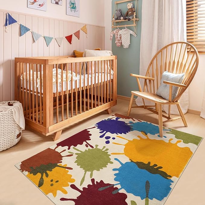 STARUIA Art Bedroom Rug, 4'x6' Machine Washable Kids Rug for Playroom, Paint Splash Rainbow Area Rugs for Classroom, Soft Colorful Living Room Rugs Throw Play Mat for Nursery Office Preschool