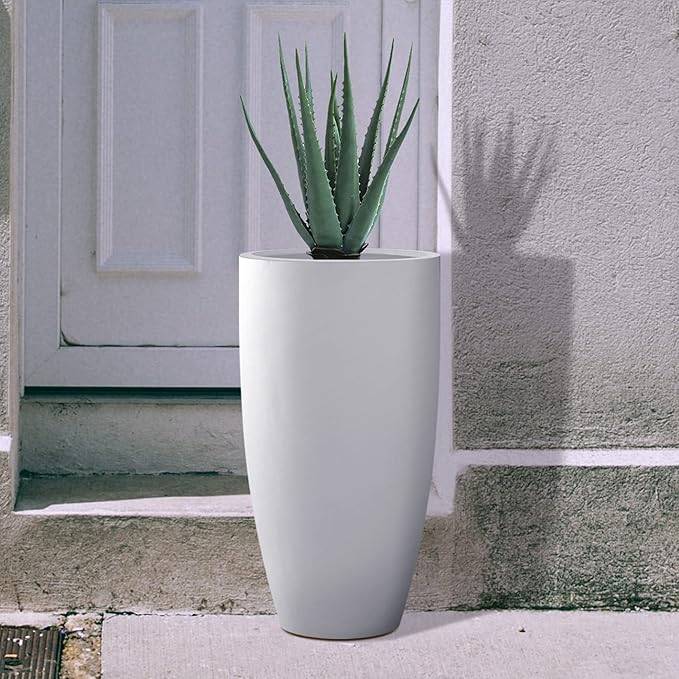 Kante 23.6" H Pure White Finish Concrete Tall Planters Large Outdoor Indoor Decorative Plant Pots with Drainage Hole and Rubber Plug, Modern Tapered Style for Home and Garden
