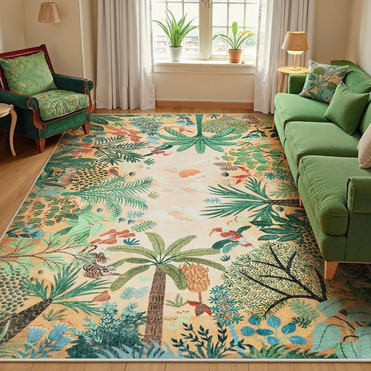 LIVEBOX Boho Jungle Animal Print 5 x 7 Area Rugs for Living Room, Soft Yellow Rug for Bedroom, Non-Slip Machine Washable Rugs for Dining Room Office, Kids Rugs for Playroom Sun Rug for Nursery Room