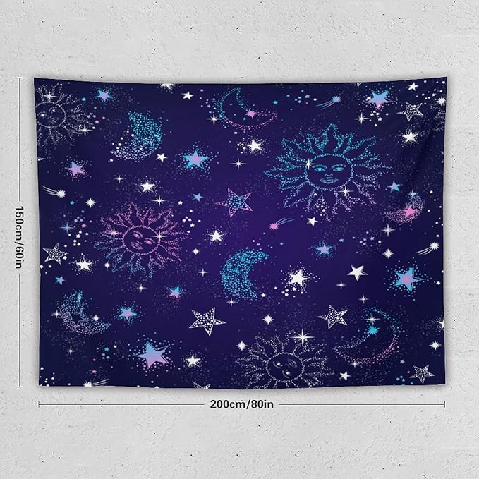 HZOHNAGO Boho Sun Moon Tapestry Purple Blue Sun Stars Galaxy Pattern Printed Wall Tapestry Wall Hanging for Bedroom Living Room Dorm 80" W x 60" H