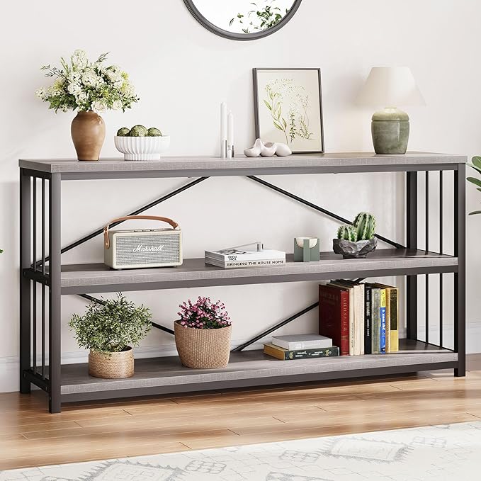 LVB Extra Long 3-Tier Sofa Table, Industrial Console Table with Storage Shelf, Modern Rustic Wood Metal Narrow Entryway Table, Skinny Behind Couch Table for Foyer Living Room Bedroom, Light Grey, 70In