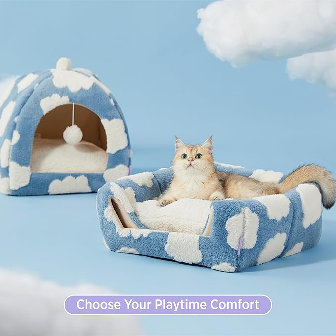 Lesure Cute Cat Beds for Indoor Cats - 2 in 1 Large Cat Cave Bed for Puppy and Small Dog with Removable Washable Cushioned Pillow, Cozy Kitten Tent with Non-Slip Bottom, Blue, 17.3 inches