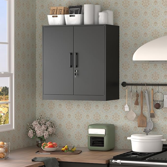 Metal Wall Cabinet,Garage Wall Cabinetwith Handle,Lockable Storage Cabinets Wall Mounted with 2 Doors,Locking Cabinet with Shelves for Basement,Living Home,Black