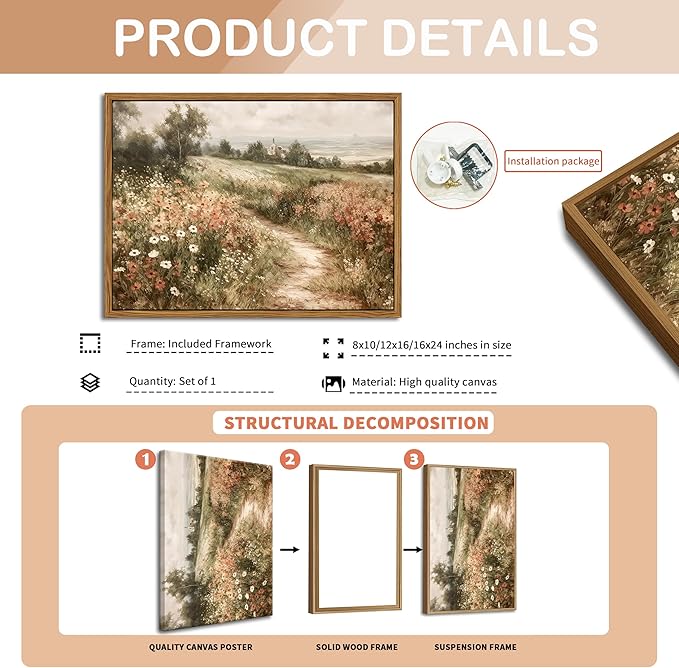Vintage Framed Wall Art for Living Room – Vintage Wildflower Pictures Oil Paintings Canvas Prints – Country Flower Modern Farmhouse Wall Decor for Bathroom Bedroom Home Office – 12x16in