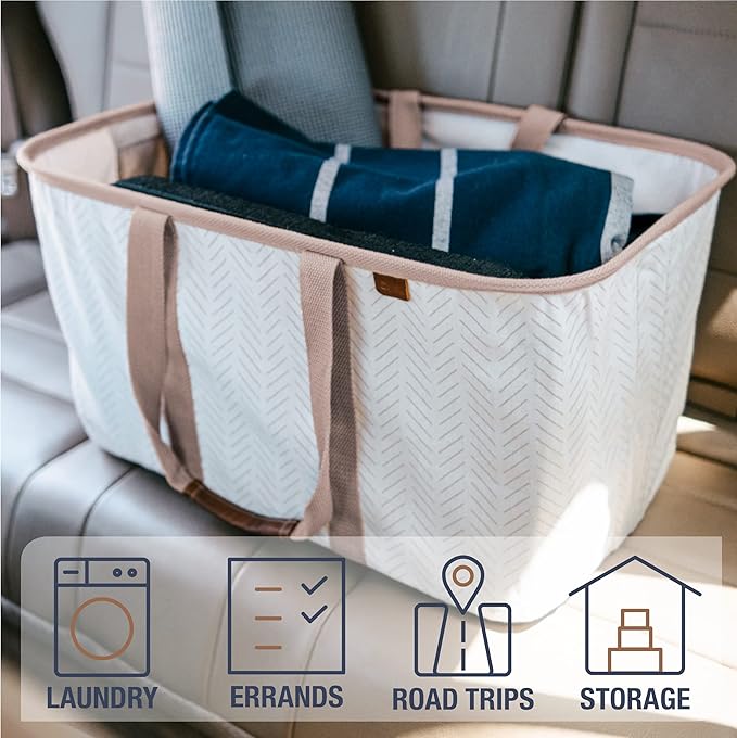 CleverMade Collapsible Laundry Tote - LUXE Mocha 2-Pack 50L - Foldable Storage Organization Container for Clothes Laundry Room Storage Solution