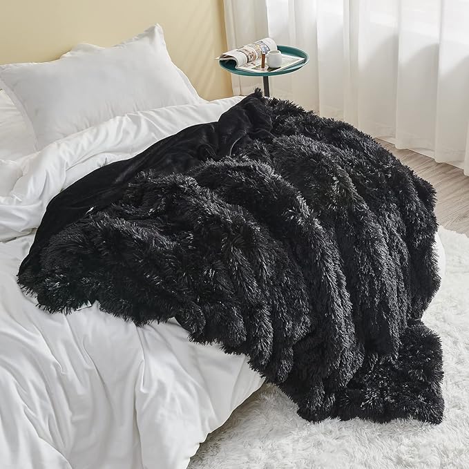 GONAAP Fuzzy Faux Fur Throw Blanket Twin Size Black Super Soft Cozy Plush Fuzzy Shaggy Blanket for Couch Sofa Bed (Black, Twin(60"x80"))