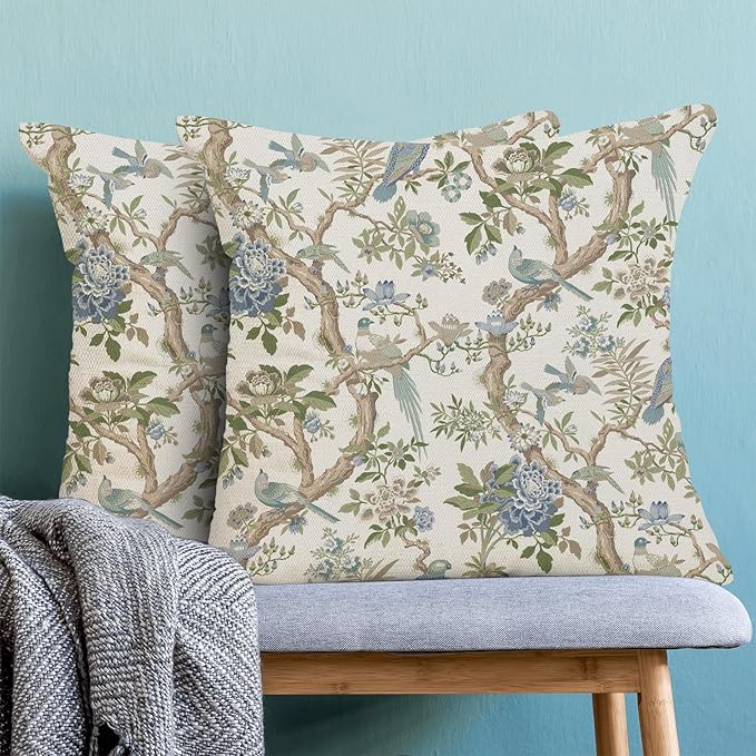 CXMEIFLY Chinoiserie Spring Pillow Covers 22 x 22 Inch Set of 2 for Blue Sage Green Vintage Flowers Bird Decor Throw Pillows Plant Farmhouse Outdoor Decorative Cushion Cases for Couch Bed Decorations