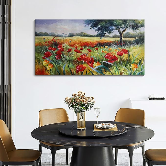 Wall Decor for Living Room Large Wall Art Green Trees Red Yellow Flowers Canvas Art Wall Decor for Bedroom Modern Home Decor Framed, Nature Prints Artwork Wall Decorations 24x48