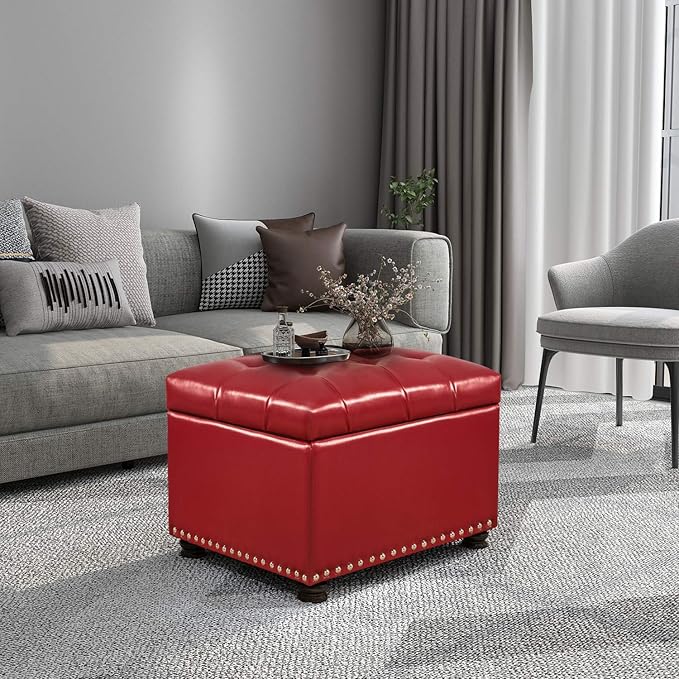 24'' Leather Storage Ottoman Rectangular Foot Rest Stool with Nailhead Trim for Bedroom Living Room(Red)