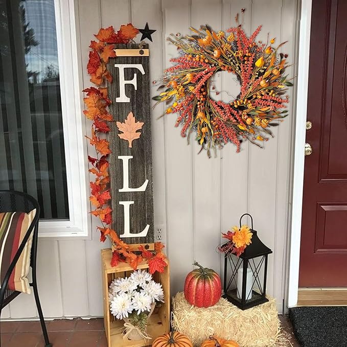 WANNA-CUL 24 inch Fall Wreath Decor for Front Door with Pumpkins, Hawthorn,Grain,Lantern Fruit,Berries,Eucalyptus Leaves, Large Harvest Door Wreath for Autumn or Thanksgiving Decoration
