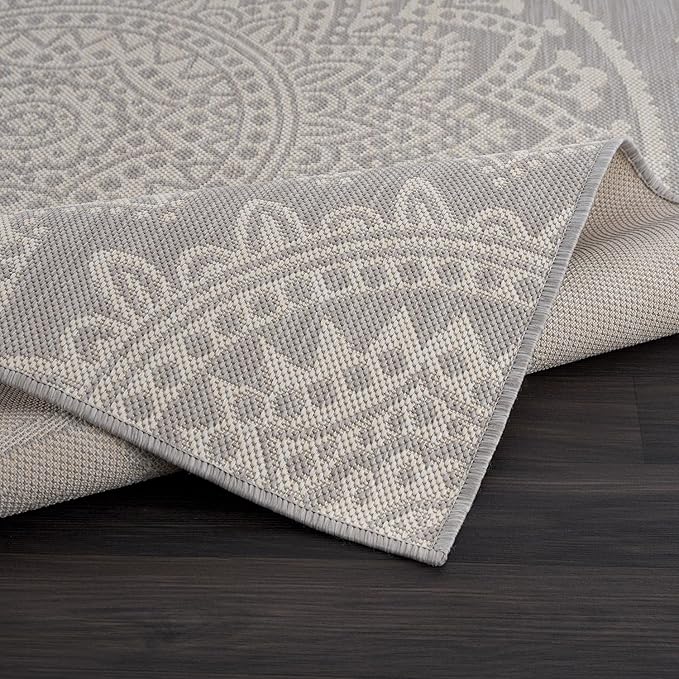 CAMILSON Outdoor Rug 10x14 Modern Area Rugs for Large Indoor and Outdoor Patios and Porches - Waterproof Washable Non-Shedding Easy-to-Clean Outside Carpet (10 x 14, Medallion - Grey/White)