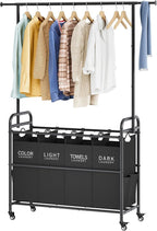 Tajsoon Laundry Sorter Cart with Hanging Clothes Rack, 4 Butler Sorter Basket Organizer, Laundry Hamper Cart with Heavy Duty Rolling Lockable Wheels, Black