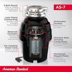 American Standard 10-US-AS-7 Garbage Disposal Anti-Jam Stainless Steel Food Waste Grinding System, Heavy Duty, 3/4 HP, Black