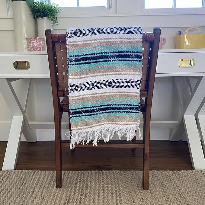 Del Mex Classic Mexican Blanket, Large Authentic Woven Falsa Throw (70"x50"), Artisan Southwest Décor for Beach, Yoga, Outdoors (Mint/Tan)