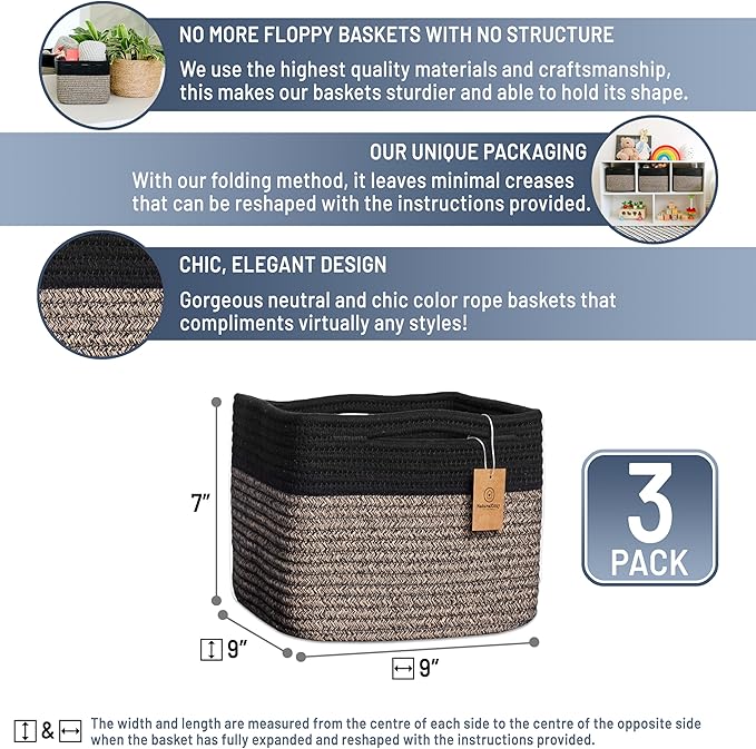 NaturalCozy Storage Cubes 9”x9”x7”Cotton Rope Woven Baskets for Organizing 3-Pack | 9 Inch Cube Storage Bin | Small Basket for Shelf Nursery, Pantry, Decorative Plant, Bathroom Closet, Toy Gift