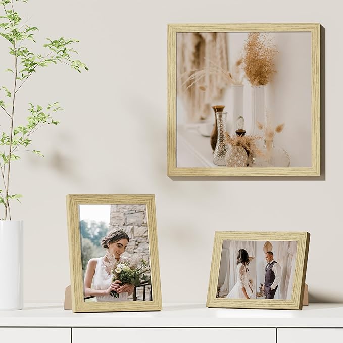 Vittanly 12x12 Picture Frames Set of 9, Shatter Resistant Plexiglass, Display 8x8 Pictures with Mat or 12x12 without Mat, Photo Frames for Wall Mount, Engineered Wood, OAK