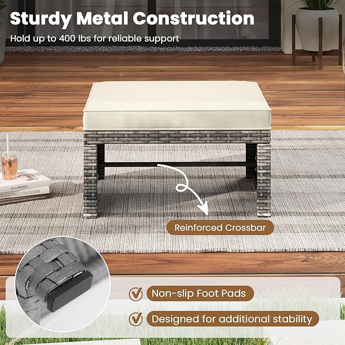 Tangkula 2 Pieces Patio PE Rattan Ottomans, Multipurpose Outdoor Footstool Footrest Additional Seating Side Table with Soft Zippered Cushions for Deck, Garden, and Yard (White)