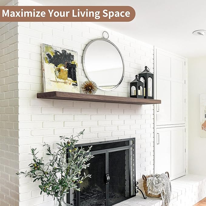 Axeman Floating Shelves for Wall, Rustic Elm Wood 48'' x 8" Deep Wall Shelf with Invisible Bracket, Large Long Wall Mounted Storage Shelves for Living Room, Bedroom, Kitchen, Bathroom Decor, Walnut