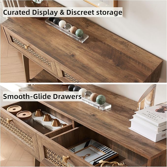 Narrow Sofa Table with Two Drawers and Shelf, Modern Style Wooden Console Table for Living Room, Entryway, Hallway, Rustic Oak