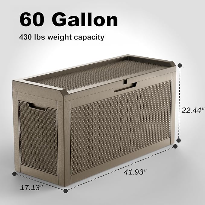 DRATO 60 Gallon Deck Box, Waterproof Resin Large Outdoor Storgae Box for Patio Furniture, Patio Cushions, Gardening Tools, Pool and Sports Supplies, Lockable