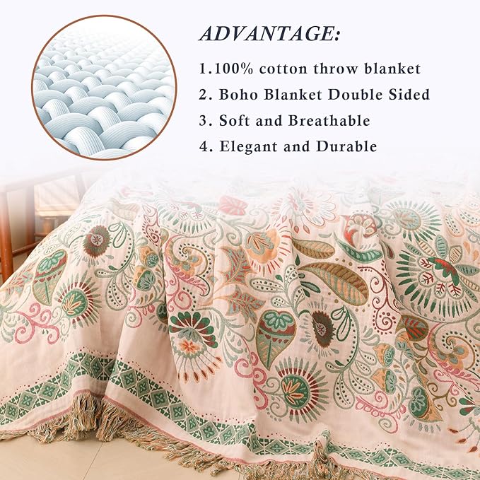 Snycler Cotton Bed Throw with Tassels, Double-Sided Bohemian Spring Flowers Plants Throws for Sofas, 80x90 inch Woven Warm Blanket for Single Sofa, Bedspread and Settee Couch Travel Green