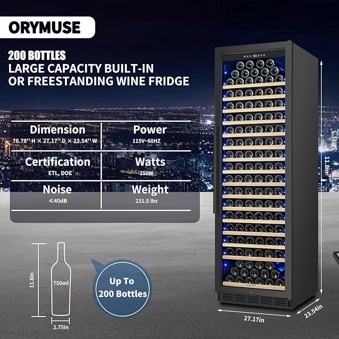 200 Bottle Upgrade Wine Cooler Refrigerator - 24 Inch Large Capacity Wine Fridge Built-In Freestanding, with Quiet Compressor, Professional Temperature Control & Wine Cellar - Black