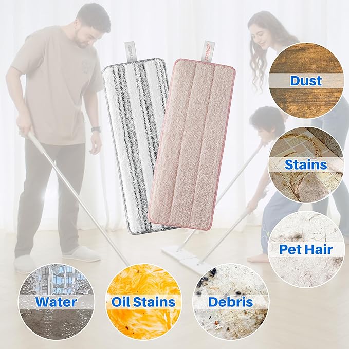 JOYMOOP Mop Replacement Pads, Reusable Microfiber Mop Pads for 13-inch Flat Mop and Mop Bucket Set, Pack of 4 Refills - Stripe and Pink