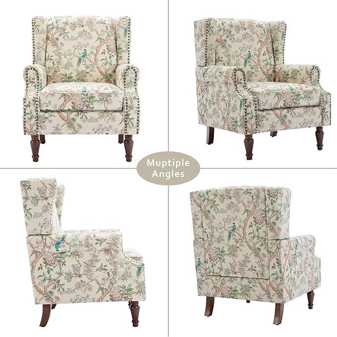 Lumibee High Back Accent Chair, Armchair in Fabric,Comfy Upholstered Wingback Single Sofa Reading Chair with Solid Wood Legs for Living Room,Bedroom,Office-Bird