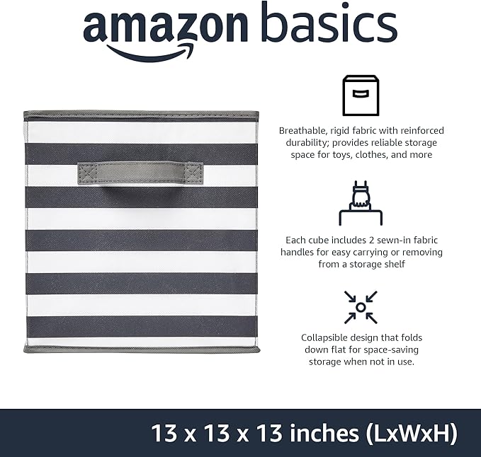 Amazon Basics Cube Organizer Storage Bins Handles, Collapsible Fabric, Pack of 6, 13"x13"x13", White/ Light Grey Stripe