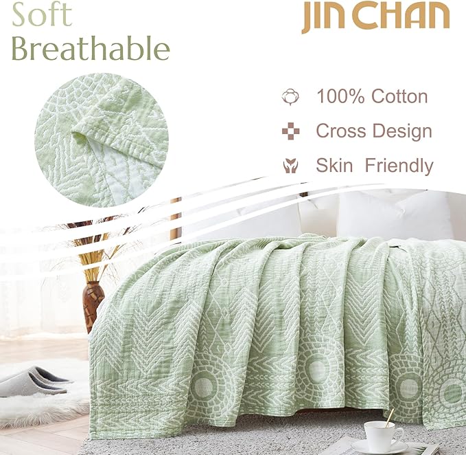 jinchan Boho 100% Cotton Blanket Muslin Lightweight Twin Size Throw Blanket Reversible for Couch Soft Cozy All Season 3-Layer Throw Coverlet Blanket for Bedroom Living Room Decor Green 60x80 Inches