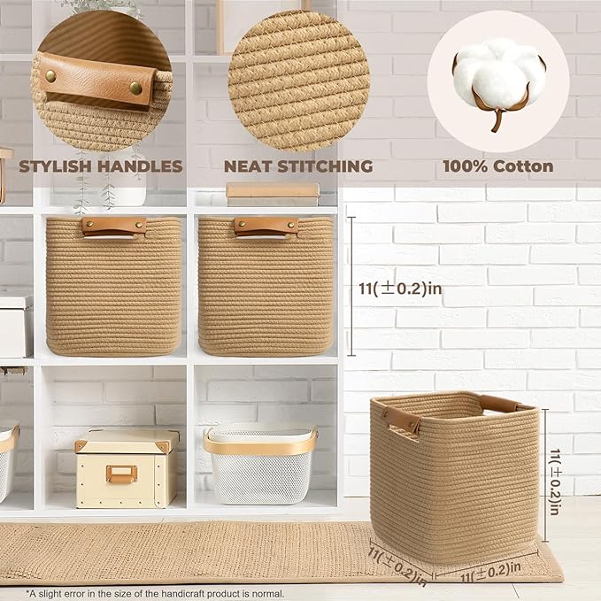danpinera 3 Pack 11 Inch Woven Baskets for Storage, Stylish Storage Baskets for Shelves, Laundry, Bathroom, Kitchen, Cube Storage Bin, Cotton Rope Boho Baskets, Jute