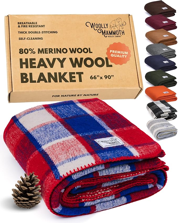 Woolly Mammoth Woolen Company Merino Wool Camping Blanket - 66 × 90 in, Red/White & Blue Plaid - 80% Merino Wool Heavyweight Outdoor Throw Blanket - Insulating for Picnic & Travel
