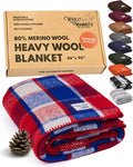 Woolly Mammoth Woolen Company Merino Wool Camping Blanket - 66 × 90 in, Red/White & Blue Plaid - 80% Merino Wool Heavyweight Outdoor Throw Blanket - Insulating for Picnic & Travel