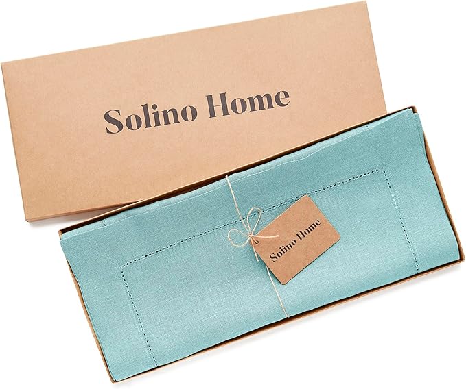 Solino Home Linen Aqua Blue Table Runner 36 Inches - Classic Hemstitch, 100% Pure Linen Coffee Table Runner 14 x 36 Inch Ideal for Dresser Tables