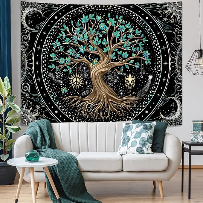 Lunerfex Tree of Life Tapastry Butterfly Moon Tapastry Flower Green Tree Tapestries Mandala Wall Hanging for Bedroom and Living Room Decor 44×60 Inches