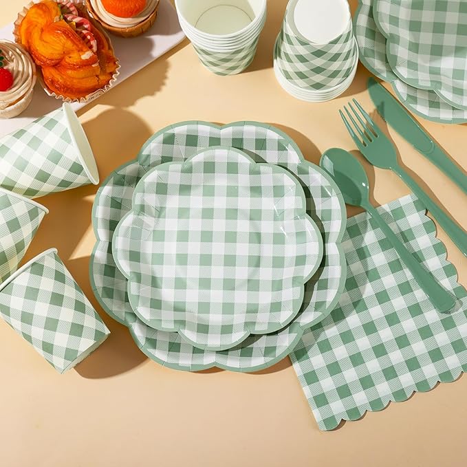175 Pcs Sage Green Gingham Paper Plates and Napkins Party Supplies - Sage Green and White Checkered Plates Scalloped Plaid Plate for Birthday Dinner Picnic BBQ Party Decorations, Serve 25 Guests