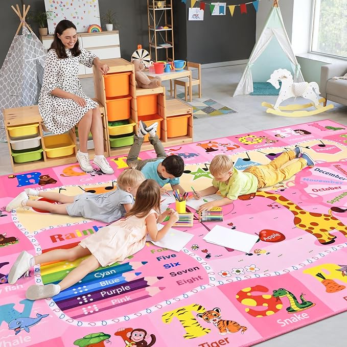 Kids Rugs for Playroom Bedroom Classroom Nursery, Non-Slip and Washable Rugs for Children Toddlers Girls, Educational and Fun Rug Carpets with ABC Alphabet Animals Shapes, 7x10, Pink