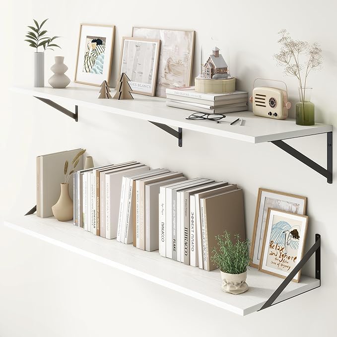 Fun Memories Deep Floating Shelves, 55W x 12D Floating Shelves for Wall, Wood White Floating Shelf with Bracket, Wide Display & Storage Wall Shelves for Living Room, Bedroom,