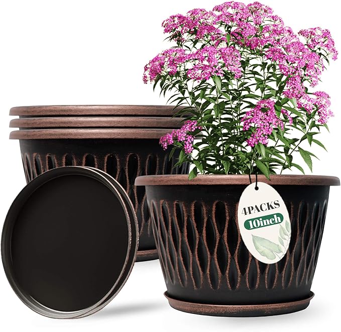 4 Pack 10 Inch Retro Plant Pots, Vintage Striped Flower Pots with Drainage Hole & Saucer, Large Plastic Planters for Indoor and Outdoor Plants, Decorative Garden Pots(Copper)