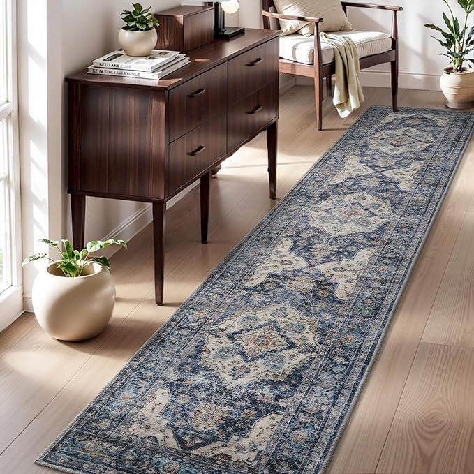 AMOAMI-2X10 Runner Rug-Washable Runners for Hallways-Soft Non Slip Bedside Rugs for Bedroom-Vintage Long Rug for Hallways Entryway Laundry Room Stair Kitchen Bathroom Blue