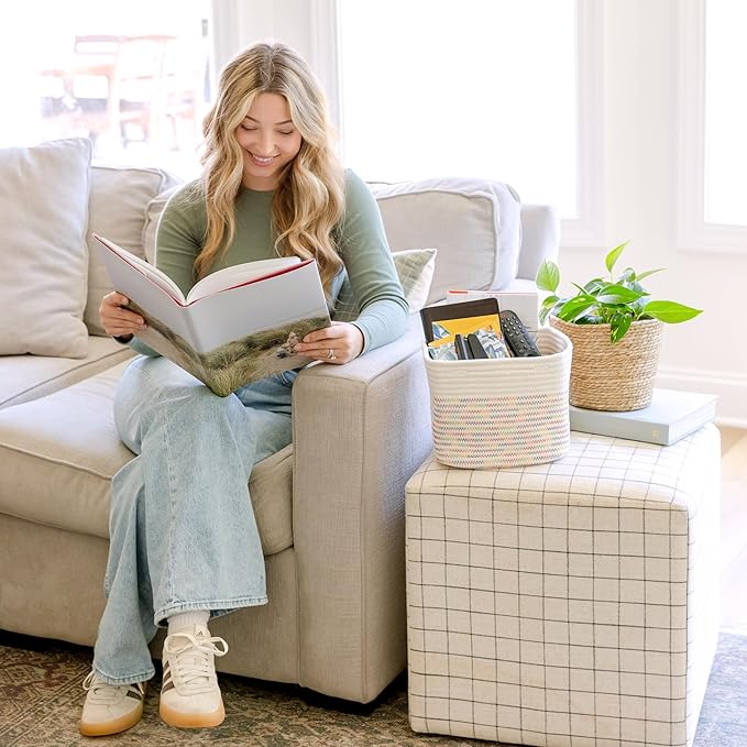 NaturalCozy Storage Cubes 9”x9”x7”Cotton Rope Woven Baskets for Organizing 3-Pack | 9 Inch Cube Storage Bin | Small Basket for Shelf Nursery, Pantry, Decorative Plant, Bathroom Closet, Toy Gift