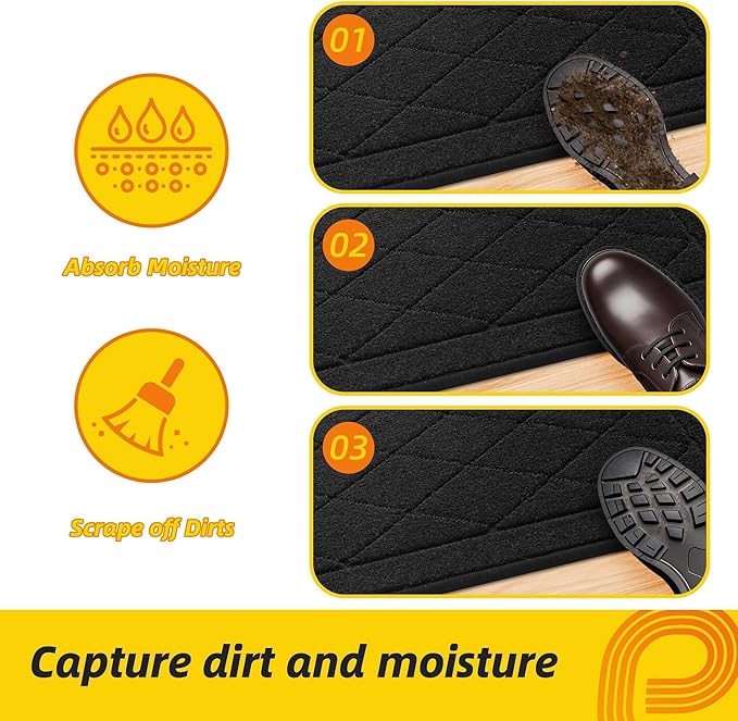 JSEI Dirt Trapper Door Mat 24"x36", Non-Slip Washable Entryway Mats, Dog Door Mat, Stain Resistant and Absorbent Floor Mats, Low Profile Welcome Mat for Front Back Door, Black