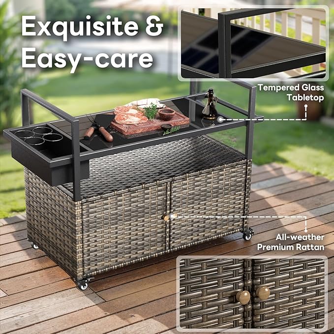 Outdoor Bar Cart with Storage Cabinet, Patio Bar Table with Tempered Glass Tabletop, Outdoor Serving Grill Cart with Rolling Wheels, Rattan Bar Cart for Patio, Backyard, Grey Wicker